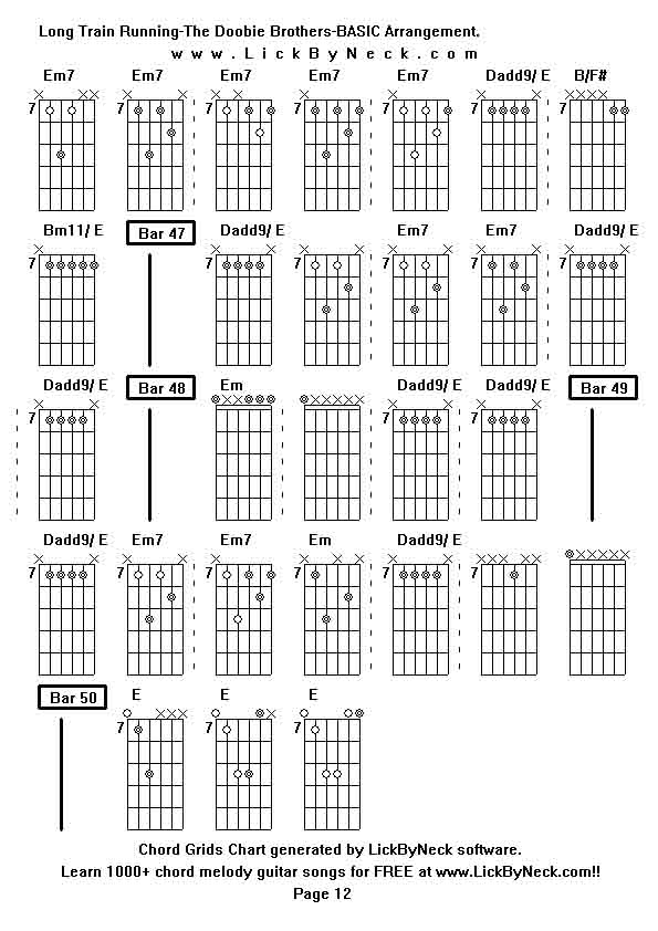 Chord Grids Chart of chord melody fingerstyle guitar song-Long Train Running-The Doobie Brothers-BASIC Arrangement,generated by LickByNeck software.